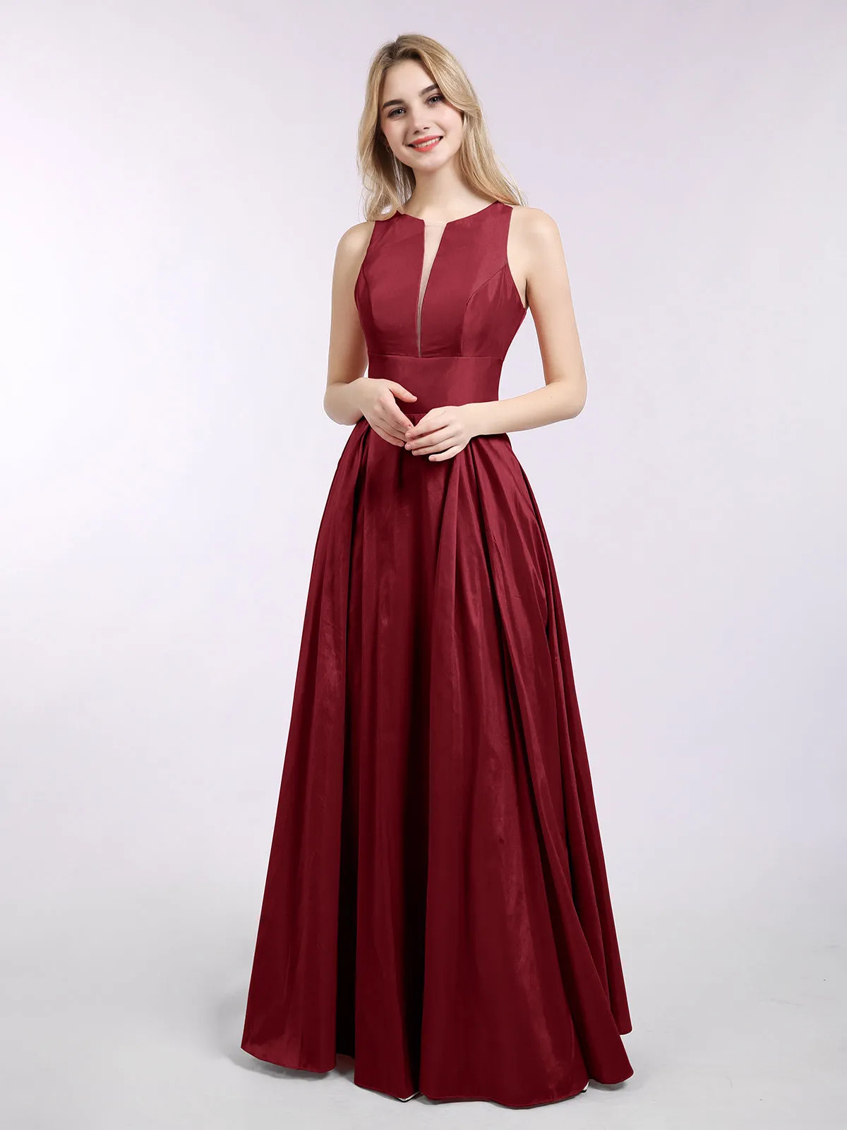 A-ligne Taffeta Robe Longue avec Poches Bordeaux