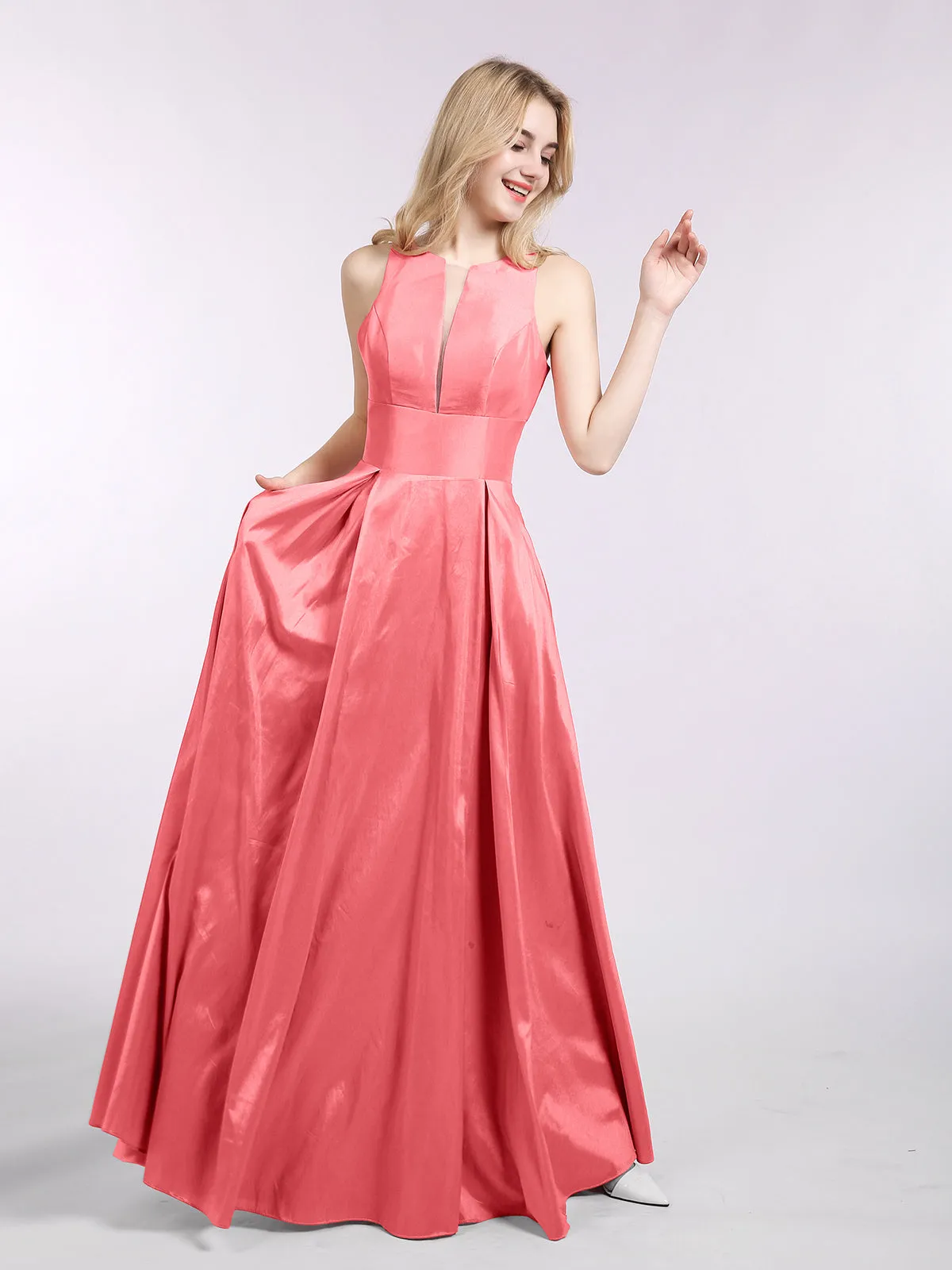 A-ligne Taffeta Robe Longue avec Poches Pastèque