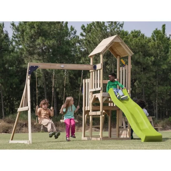 AXI Mette Aire de Jeux en Bois avec 2 Balançoires, toboggan vert citron, Table de Pique Nique / Aire de Jeux Extérieur avec