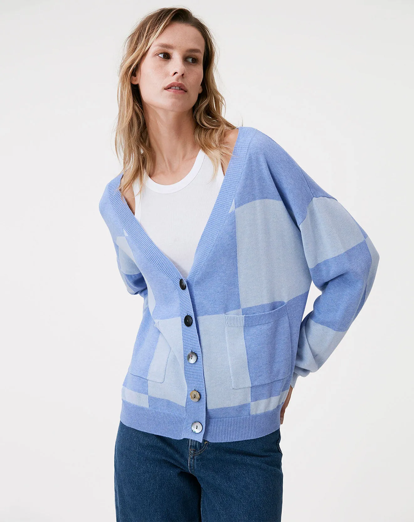 Cardigan Extreme Check Scoop Hem blueberry