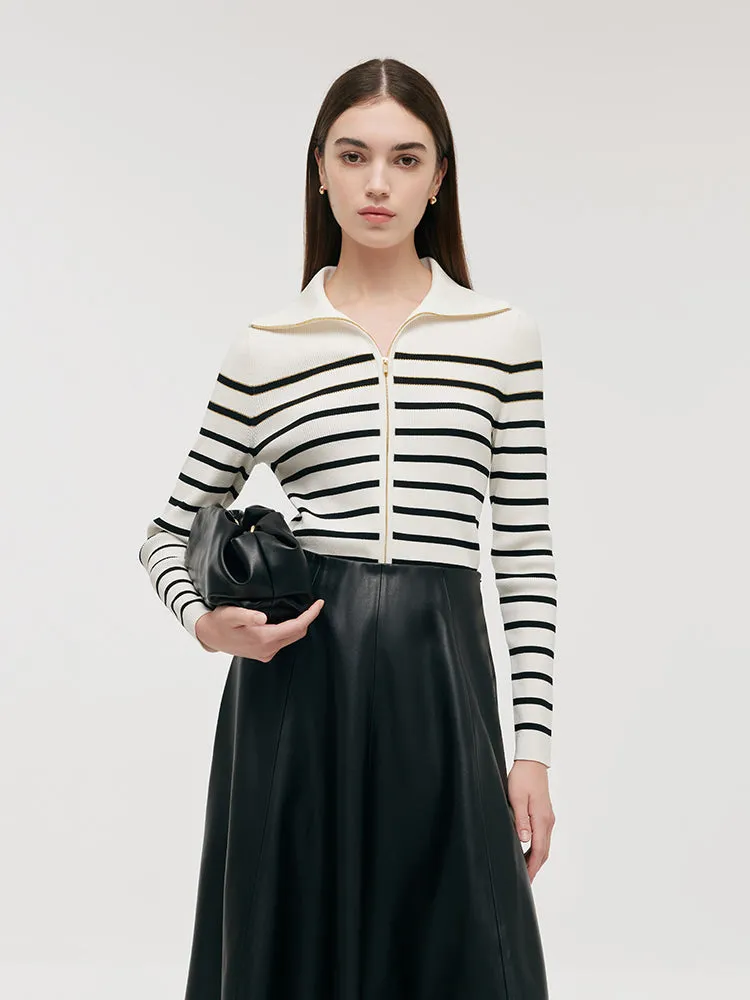 Cardigan zippé pour femmes à rayures noires et blanches