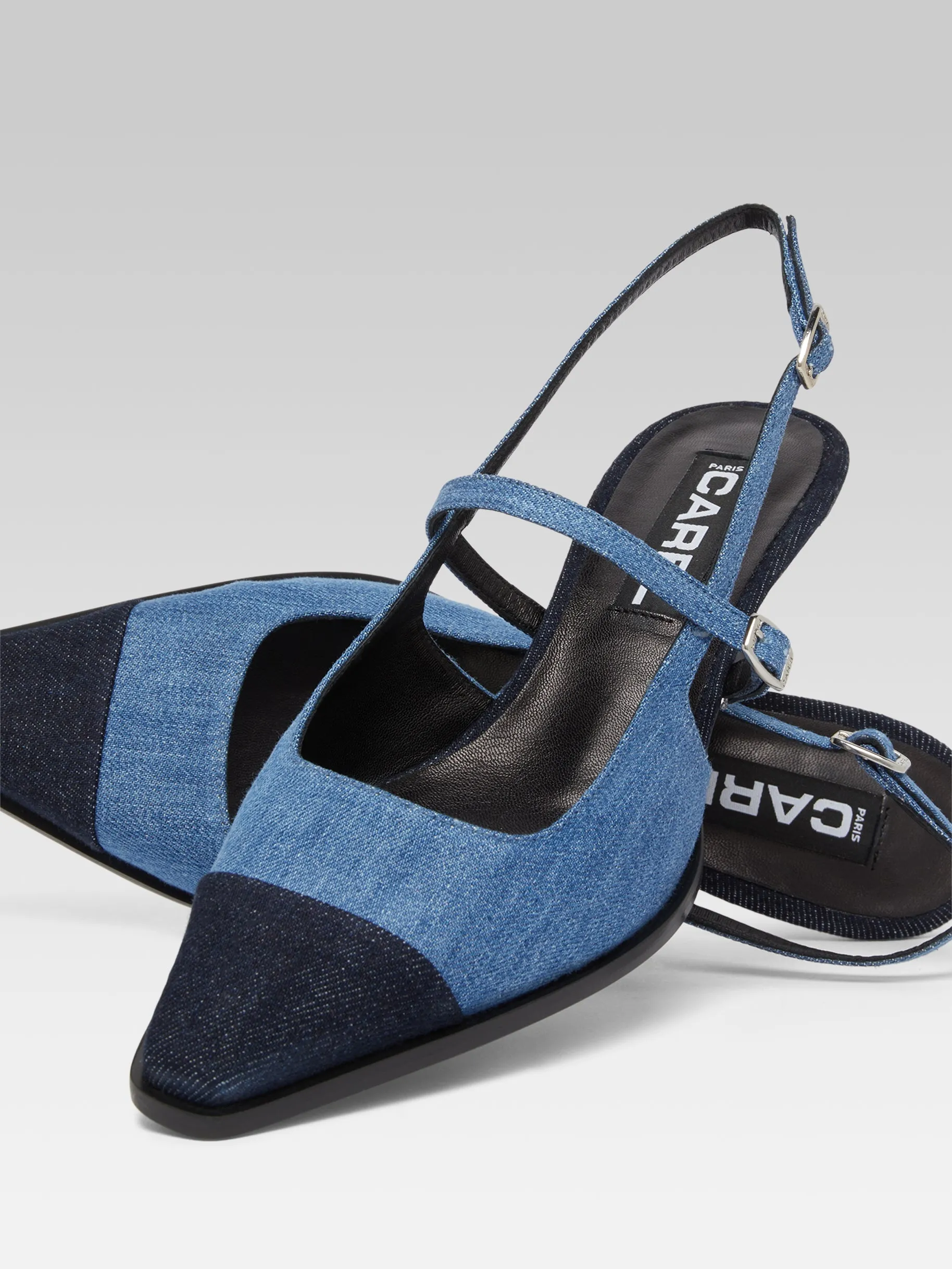 Cecile - Escarpins slingback bicolore tissu jean bleu
