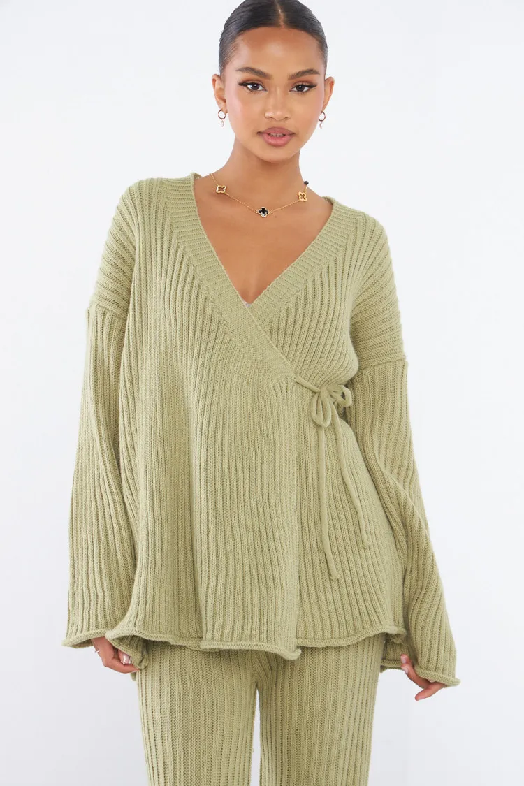 Ensemble 2 pièces gilet croisé + pantalon vert en maille
