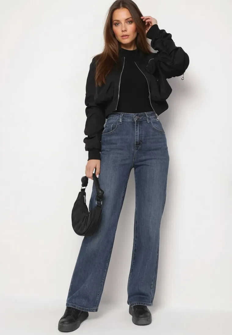 Jean coupe large bleu en coton et taille haute