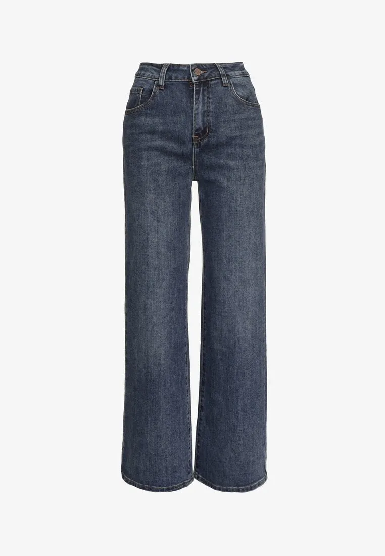 Jean coupe large bleu en coton et taille haute