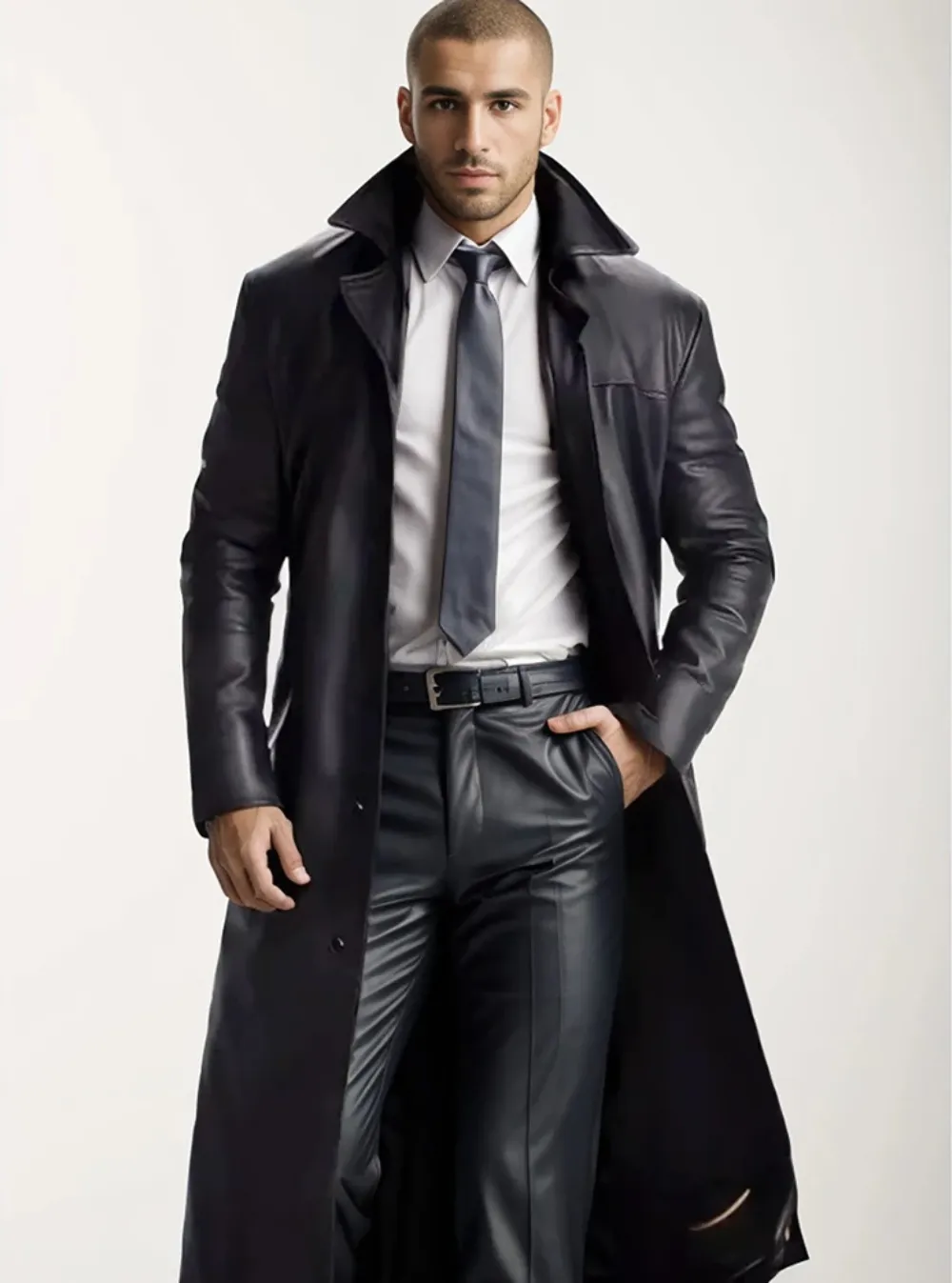 Manteau long en cuir avec revers classique