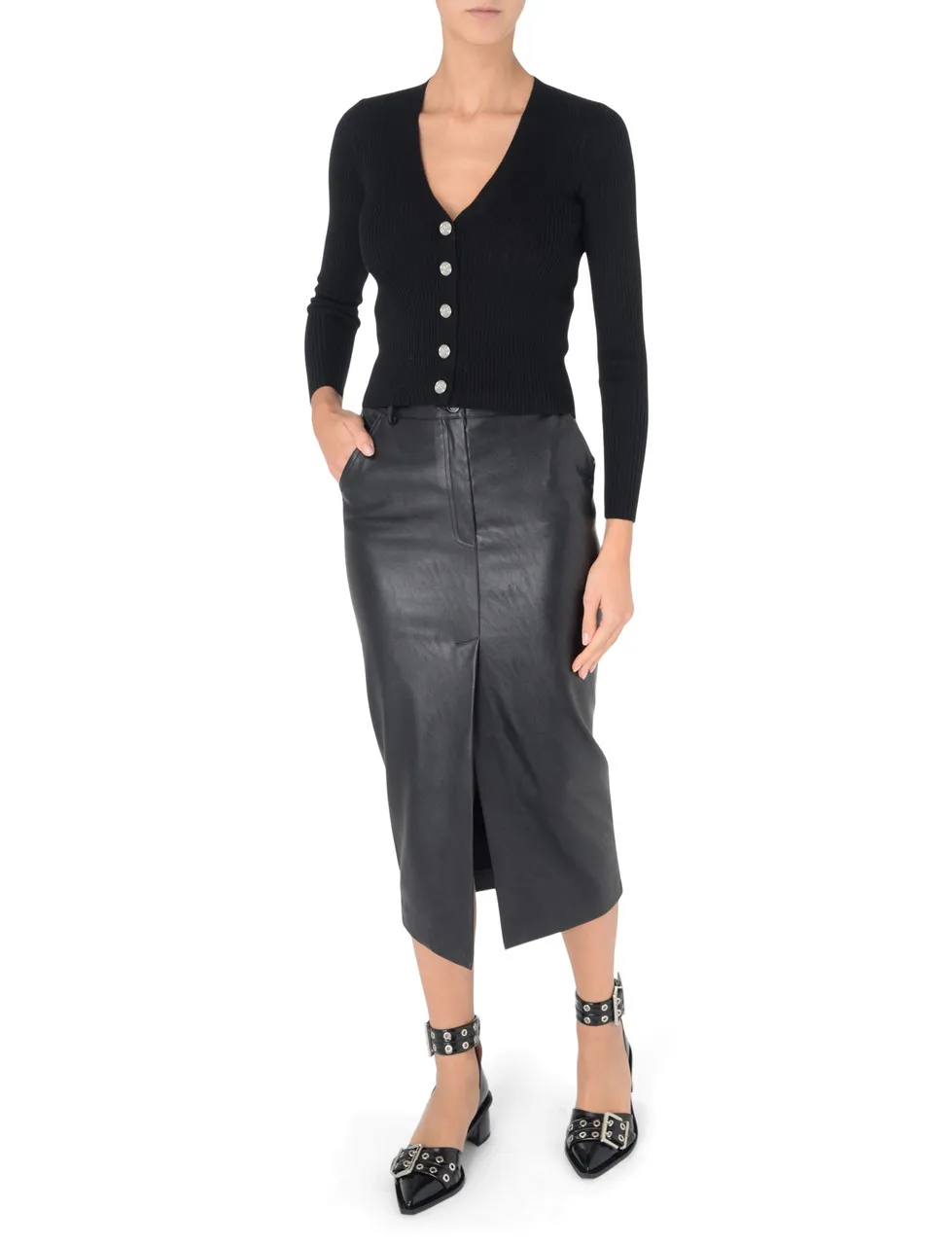 Pinko Cardigan noir côtelé avec logo incrusté