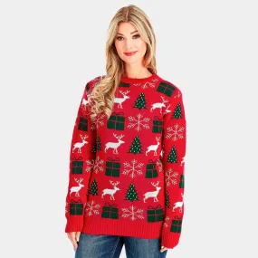 Pull de Nol pour Couple Rouge avec Rennes, Cadeaux et Sapins