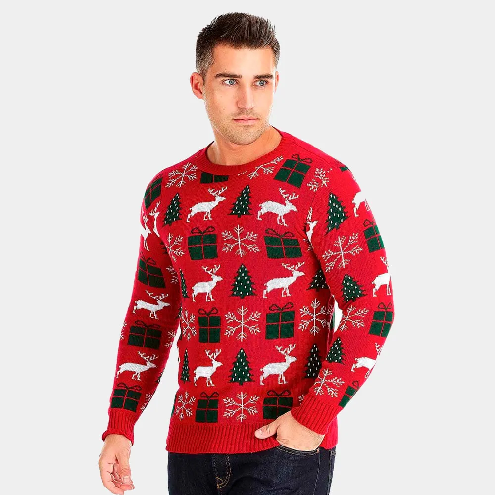 Pull de Nol pour Homme Rouge avec Rennes, Cadeaux et Sapins