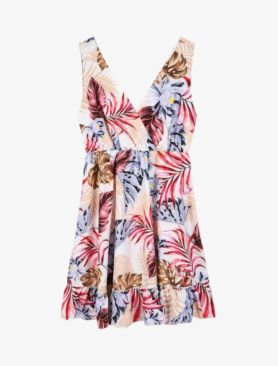 Robe cache coeur imprimée et volantée - Ecru