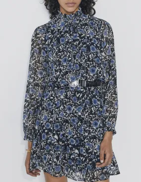 Robe courte en voile plumetis imprimé fleurs bleues femme