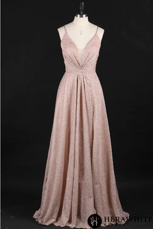Robe de demoiselle d’honneur col V brillant avec dos croisé