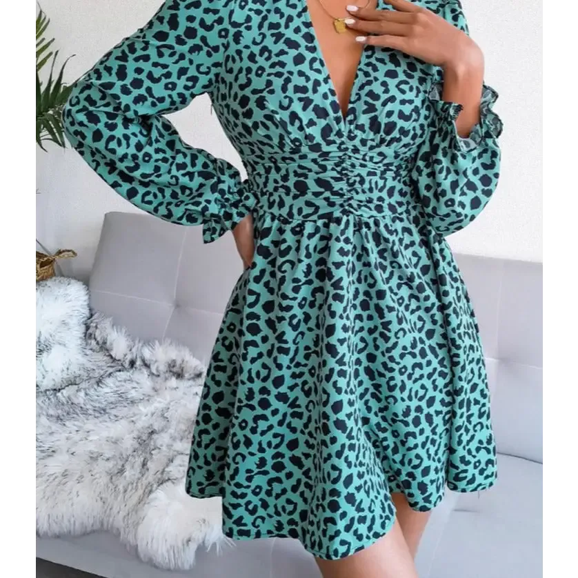 Robe Léopard Courte Manches Lanternes Verte