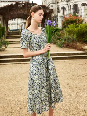 Robe mi-longue à imprimé floral et col carré pour femme