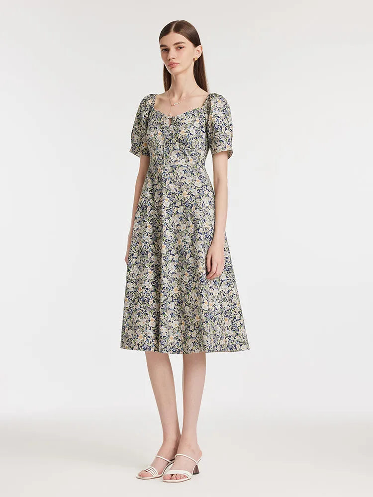 Robe mi-longue à imprimé floral et col carré pour femme
