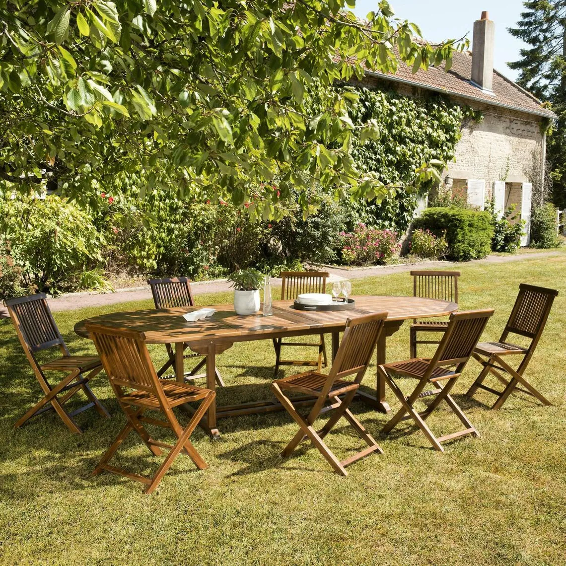 Salon de jardin HANNA en bois teck huilé 10/12 personnes - ensemble de jardin : 1 table ovale extensible 200/300*120 cm e