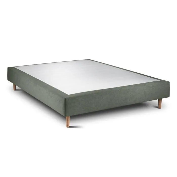 Sommier Tapissier Tissu Vert 140x200 H35cm Sommeil de plomb - Sommier en bois massif avec Pieds bois cones 15 cm