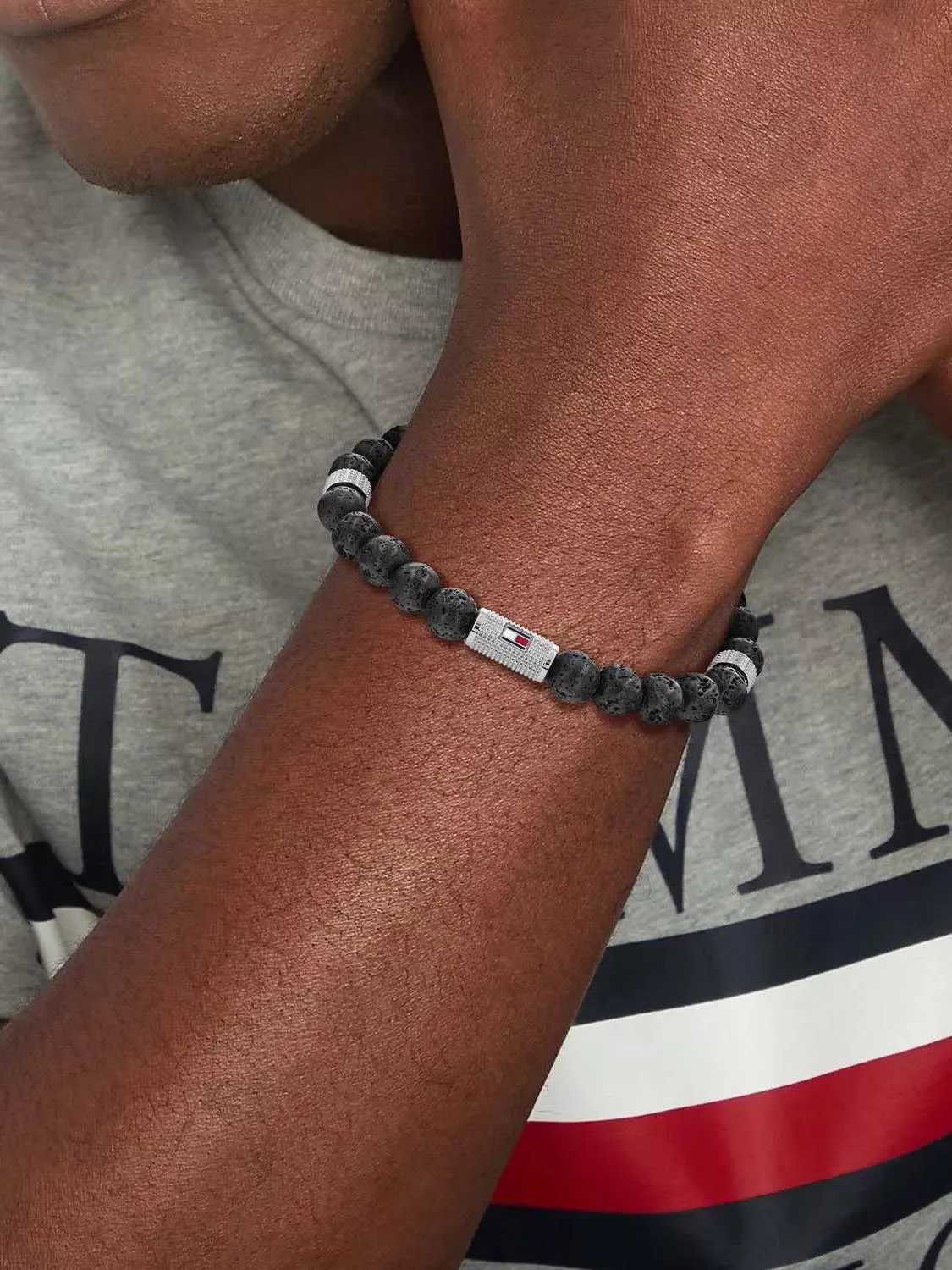 Tommy Hilfiger Beaded Bracelet Avec Perles En Pierre De Lave Noir - Achetez À Prix Outlet!