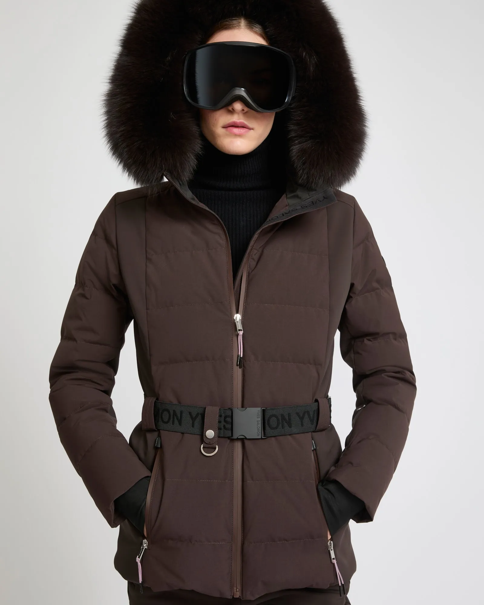 Veste de ski ceinturée en mix de tissus avec fourrure de renard