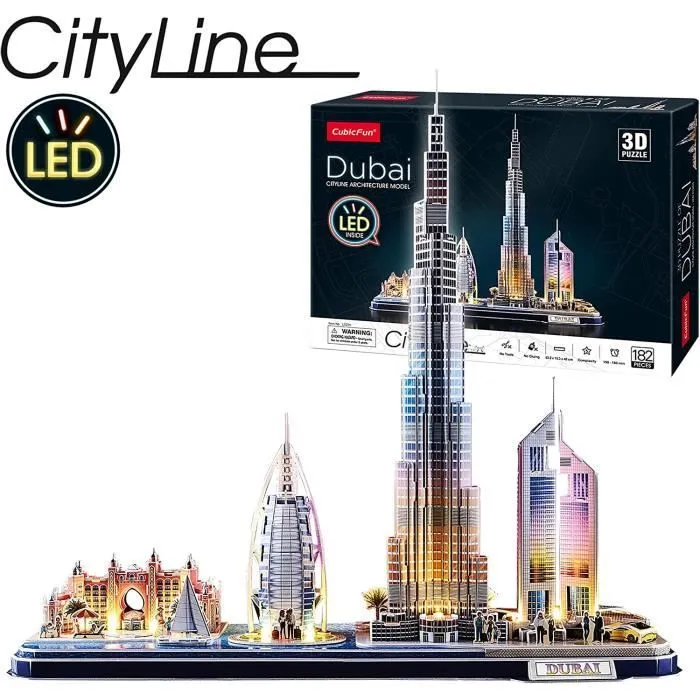 World Brands - City Line Dubai LED, Puzzle 3d Enfant Et Adulte, Puzzle 3d, Cadeau Anniversaire Fille Et Garcon, Culture, Maquett