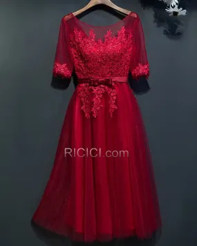 Évasée Appliques Robe Habillée Robe De Cocktail Dos Nu Col Bateau Bordeaux Robe Invite De Mariage Dentelle